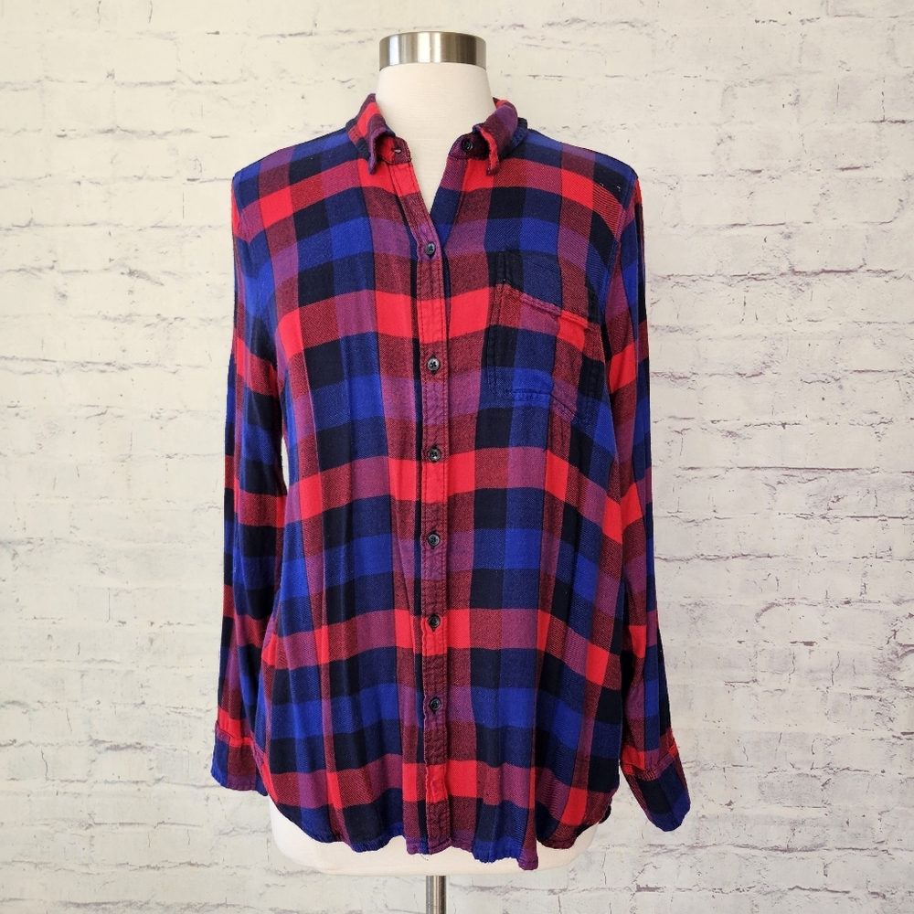 Lucky Brand Blue Red Plaid Flannel Split Back Shirt Large